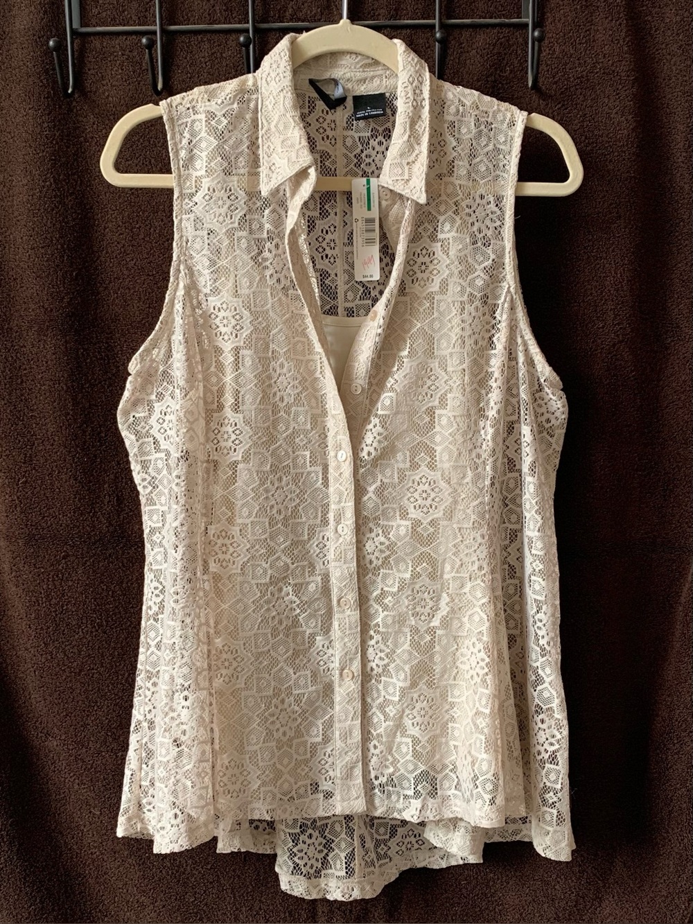 New Directions Beige Lace Sleeveless Button Front Top - Women's Size Large